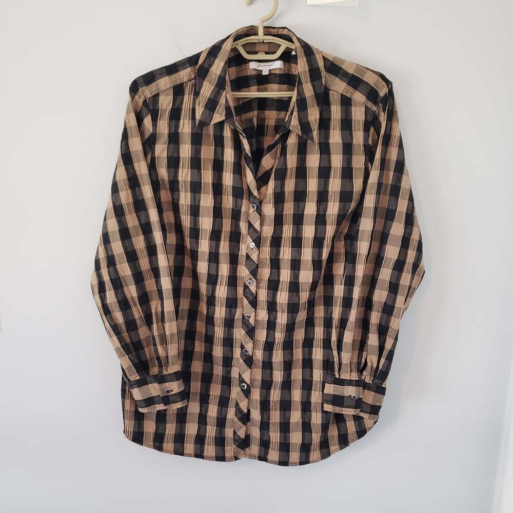 Foxcroft Crinkle Button-Up Top Size 20W Black Beige Check Cotton Blend Packable